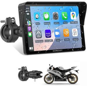 W722 for Motorcycle CarPlay & Android Auto,7" Waterproof Smart GPS Navigation System Screen, Car Play Moto with Light Sensor, Dual Bluetooth, Siri/G-Assist, EQ,USB/Hardwired Power Supply