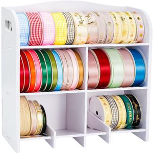 Krafetto Small Roll Ribbon Storage Organizer Rack, Wall-Mountable Ribbon Holder Rack for Craft Room, Desktop Ribbon Spool Holder Organizer for Ribbons up to 4" in Diameter