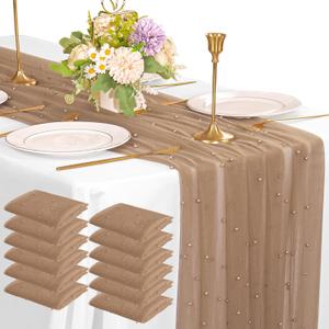12 Pack 10FT Pearl Table Runner 30x120 Inch Nude Brown Tulle Fabric Boho Rustic Sheer Table Runners Lace Table Cloth for Wedding Bridal Shower Birthday Party Arch Veil Dessert Table Decor (Nude Brown)