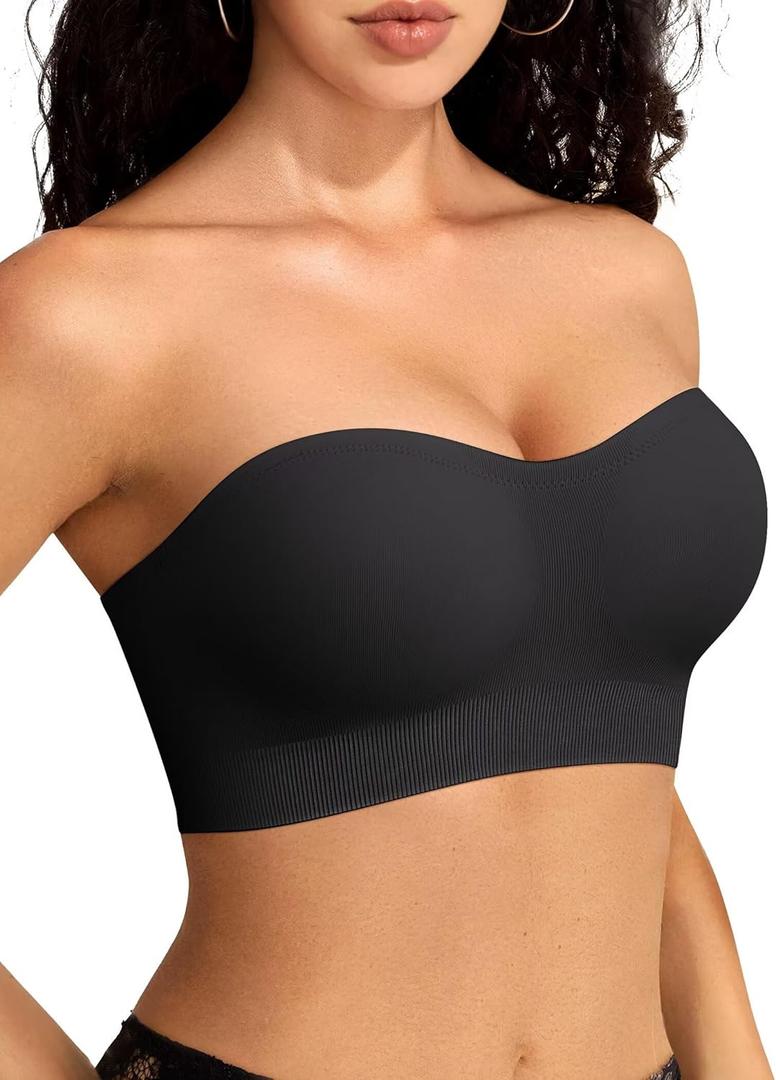 Vertvie Strapless Bras for Women Non-Slip Push Up Wireless Bandeau Bra Seamless Comfort Padded Tube Top Supportive Bralette (Black, M)