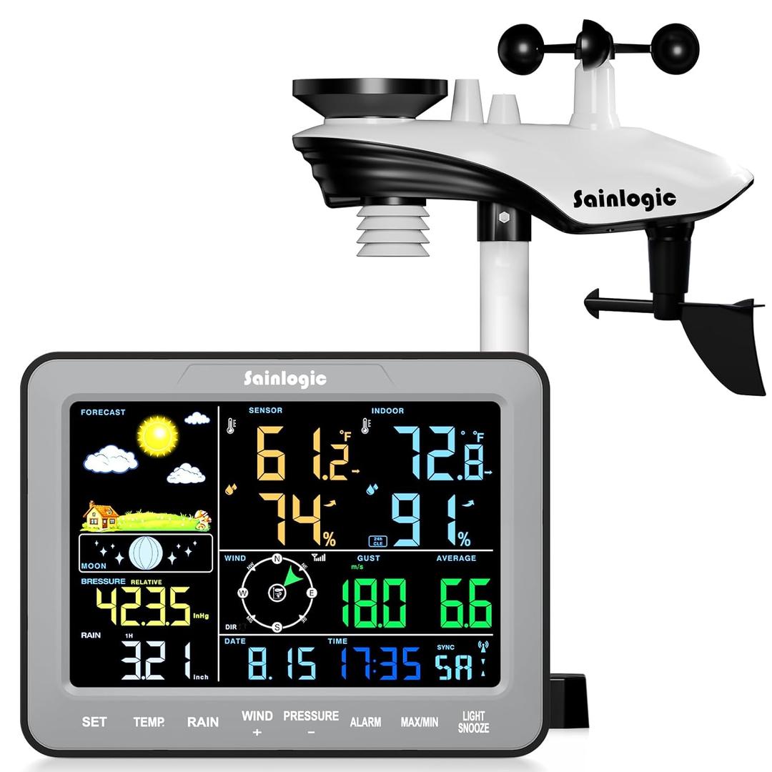 Sainlogic 12-in-1 Weather Station, Weather Stations Wireless Indoor Outdoor with Rain Gauge, Wind Speed/Direction, Dew Point, Barometer, Air Pressure, Temperature Humidity (No WiFi)