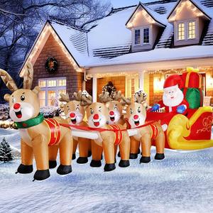 DomKom 12 FT Christmas Inflatable Outdoor Santa Claus on Sleigh with Five Reindeer, Building LED Lights, Blow Up Yard Decoration for Party Garden Lawn Winter Decor