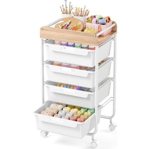 Rolling Craft Storage Cart with 4 Drawers,Utility Cart with Drawers,Art Craft Organizers and Storage,Kids Craft Cart,Kids Art Cart With DIY Lable and Wooden Tabletop Area,White