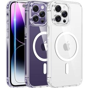 FNTCASE for iPhone 14 Pro Case: Clear Magnetic Phone Cases with Screen Protector Compatible with Magsafe Slim Anti Yellowing Rugged Shockproof Protective Transparent Cell Phone Cover (A-Clear)