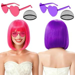 2 Pack Colored Bob Wigs and Heart Sunglasses Set, Purple Hot Pink Short Straight Bob Wig with Bangs Neon Party Colorful Synthetic Hair for Women Men Halloween Costume Bachelorette Party Favors