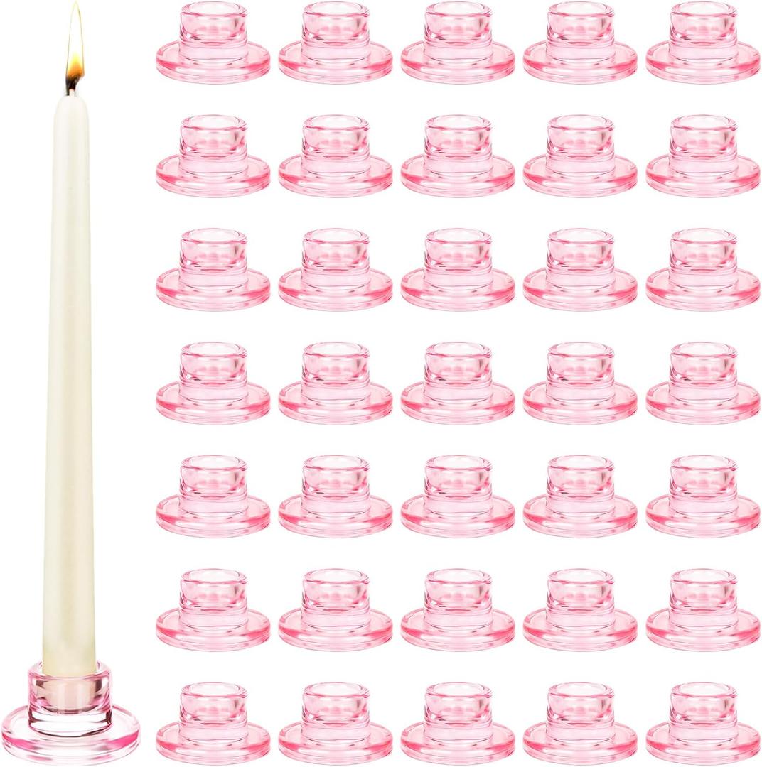 36 PCS Glass Taper Candle Holders Bulk Pink Candlestick Holders Clear Short Tapered Candle Stick Holder Decor Set for Table Centerpiece Wedding Party Advent Christmas Home Decorations