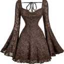 WDIRARA Women's Floral Jacquard Mesh Gothic Dress Bell Long Sleeve A Line Vintage Dresses (Coffee Brown)