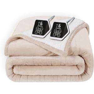 Westinghouse Heated Blanket King Size, Soft Flannel to Sherpa Electric Blanket with 10 Heating Levels, 112 Hours Auto Shut Off, Fast Heating, Machine Washable, 100x90 Inch, Beige