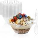 TOFLEN 8 oz Dessert Cups with Spoons, 50 Pack Clear Plastic Small Party Serving Bowls for Sundae, Parfait, Fruit, Strawberry Shortcake, Disposable Snack Bowls (Flower Shape)