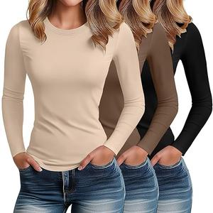 Riyiper 3 Pack Women's Long Sleeve Shirts Cotton Blend Crew Neck Tops Slim Fitted Casual Base Layer Lightweight Tees 2026