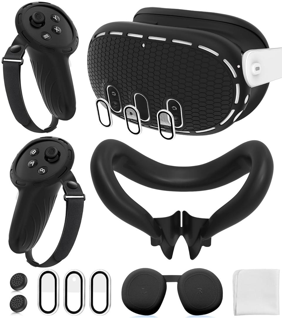 Silicone Cover Set Compatible with Meta/Oculus Quest 3 Accessories, Controller Grips, VR Shell Cover, Facial Interface Cover, Protective Lens Cover, Tempered Glass Lens Caps, Not Fit Quest 3S (Black)