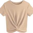 JINKESI Women's Summer Causal Short Sleeve Blouse Round Neck Crop Tops Twist Front Tee T-Shirt (Medium, A4 Khaki)
