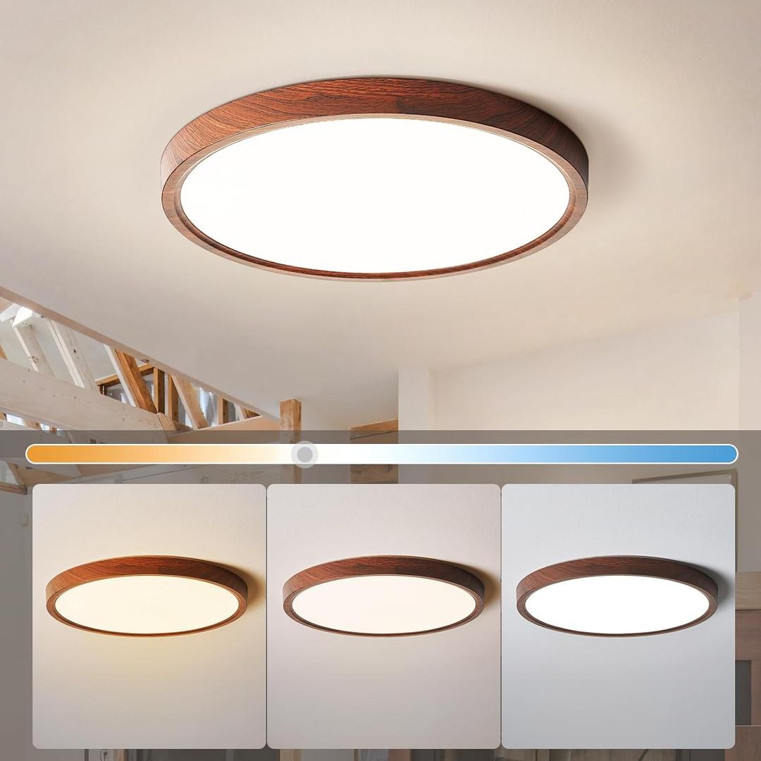 HEYAN Walnut Wood Flush Mount Ceiling Light Fixture,16 Inch Dimmable LED Ceiling Light with 3000K-4000K-6000K Selectable Flat Low Profile Round Ceiling Lights for Bedroom Hallway Laundry (1 Pack)