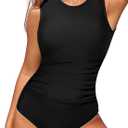 Smismivo High Neck Modest Swimsuits for Women Tummy Control One Piece Bathing Suit Ruched Full Coverage Slimming Swimwear Black at Amazon Womens Clothing store (Large)