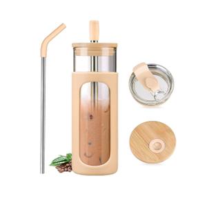 Kodrine 24oz Glass Tumbler with 2 Lids and Straws, Glass Cup With Bamboo Lid and On-the-go Lid, Reusable Iced Coffee Cup, Ideal for Smoothie, Cold Drinks, Fit Cup Holder, BPA Free(1, Amber)
