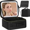 Travel Makeup Bag with LED Lighted Mirror, Cosmetic Makeup Organizer Bag with 3 Color Setting, Makeup Train Case with Adjustable Dividers for Women Makeup Brushes Jewelry Accessories (Black)
