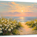 SLYCAY Extra Large Beach Wall Art, Coastal Sunset Pictures Wall Decor Ocean Landscape Painting Floral Canvas Prints Living Room Office Bedroom Artwork 24"X48"