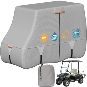 Tuszom 100% Waterproof 1200D Solution-Dyed Golf Cart Cover Universal Fit Yamaha,Honda,Club Car,EZGO and Most Brand Golf Cart for 2/2+2/4/4+2/6 Seats with Zipper Door,Storage Bag (Gray)