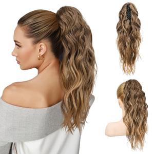 FLUFYMOOZ Ponytail Extension, 18 Inch Claw Clip Ponytail Extension, Wavy Curly Claw Clip in Ponytail Hair Extensions, Natural Ponytail Synthetic Hairpiece for Women (Chocolate Brown to Light Brown)