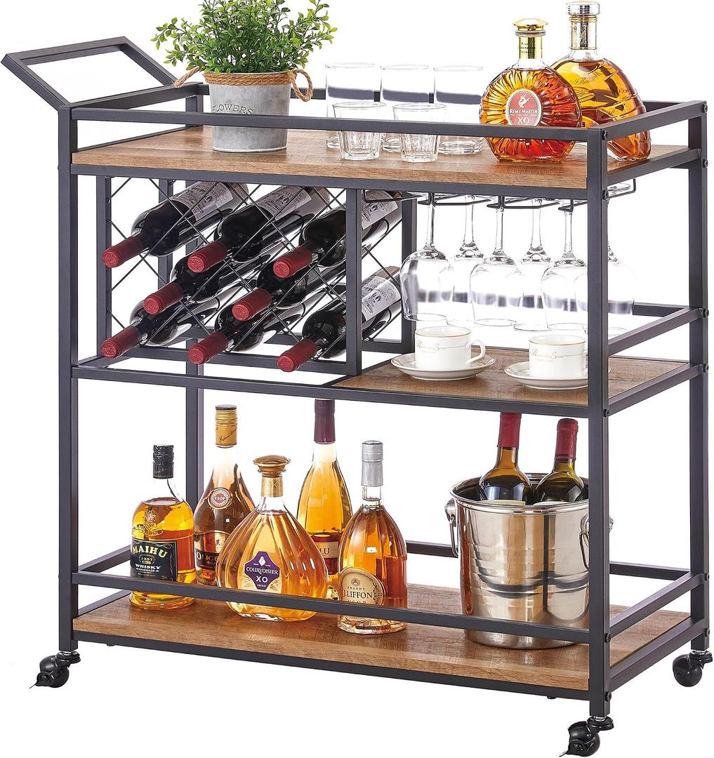 FATORRI Bar Cart for The Home, Rolling Wine Carts on Wheels with 3 Tier Wood Shelves, Liquor Beverage Cart with Wine Rack and Glass Holder (Rustic Oak), 14.17" D x 35.43" W x 36.02" H