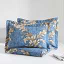 King Quilt Set 100% Cotton Blue Damask Floral Bedspread, Classic European Style Reversible Quilt Bedding Set 3 Pieces, Lightweight All Season, Dark Blue & Brown