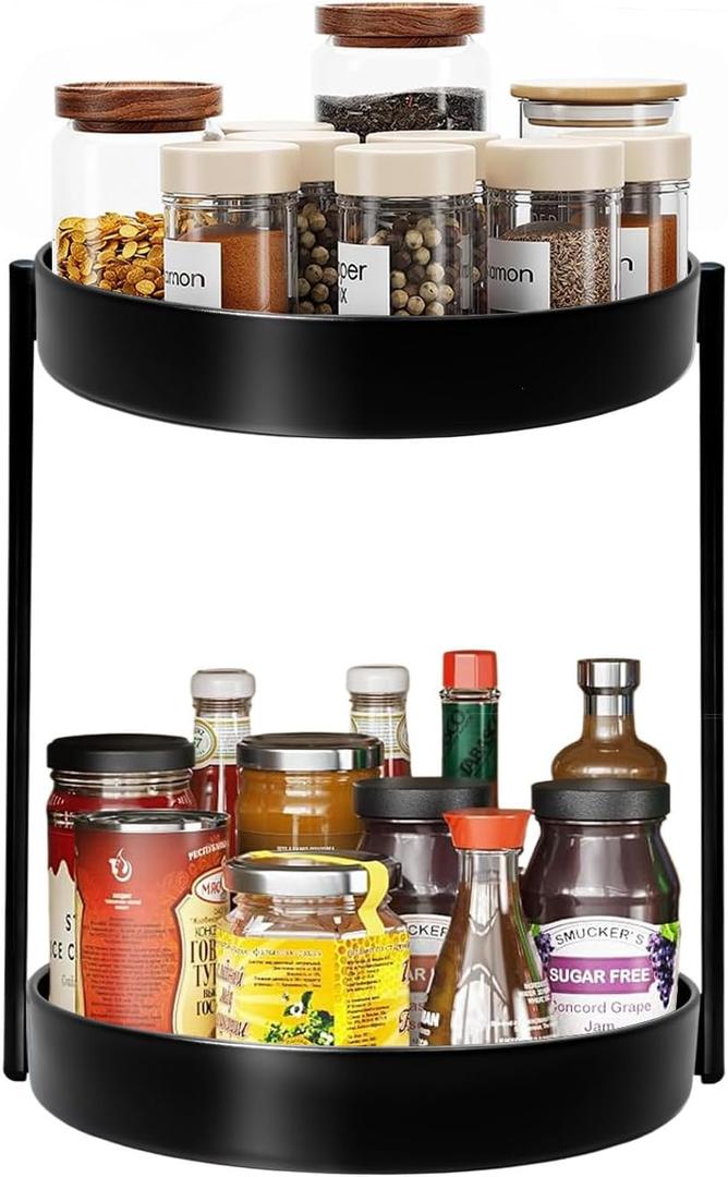 2 Tier Metal Lazy Susan Organizer, 12 Inch Rotating Turntable Double Lazy Susans for Cabinet Kitchen Bathroom, Anti-Rust Two Tiered Spinner Tray Carousel Organizer for Spice Rack Countertop Black