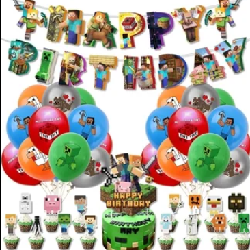 38 Pcs Birthday Party Decorations, Pixel Styled Gamer Party Supplies Include Happy Birthday Banner, Balloons, Cake Toppers, Cartoon Party Celebrate Supplies