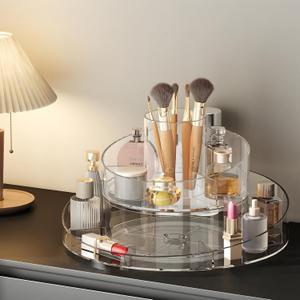 360 Rotating Makeup Organizer - Cosmetic Skincare Organizers wish Brush Holder, Large Capacity Cosmetic Display Case for Vanity, Bathroom Countertop (Clear)