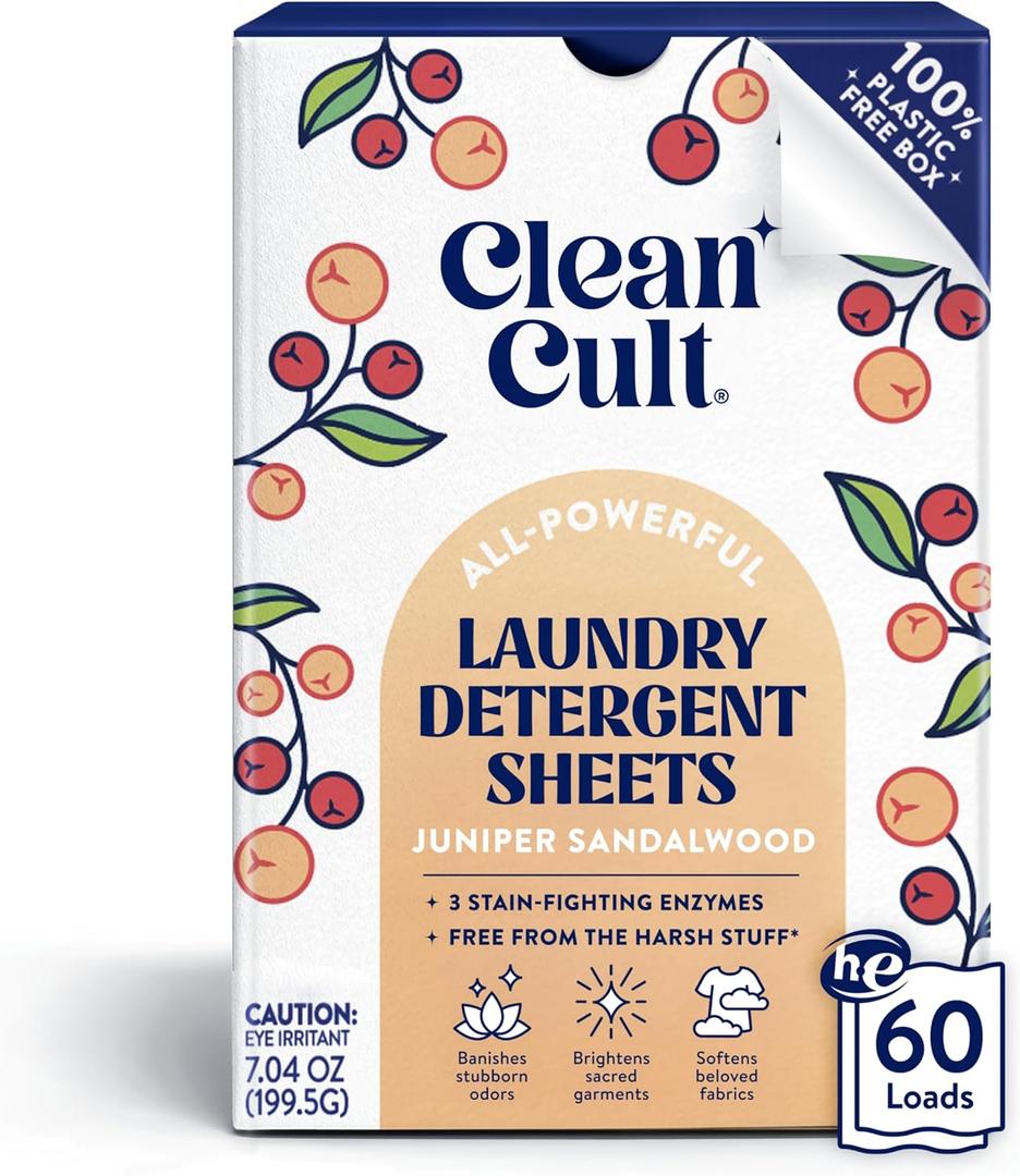 Cleancult Laundry Detergent Sheets - Resealable Box - 3 Stain Fighting Enzymes - Juniper Sandalwood - 60 Loads - Free of Harsh Chemicals - No Mess - No Plastic Waste (60 Count (Pack of 1))