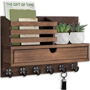 Key Holder Wall Mount, Mail Holder with Storage Drawer and 6 Key Hooks for Coat, Dog Leash, Home Decor Rack, House Accessories, Entry Way Organizer