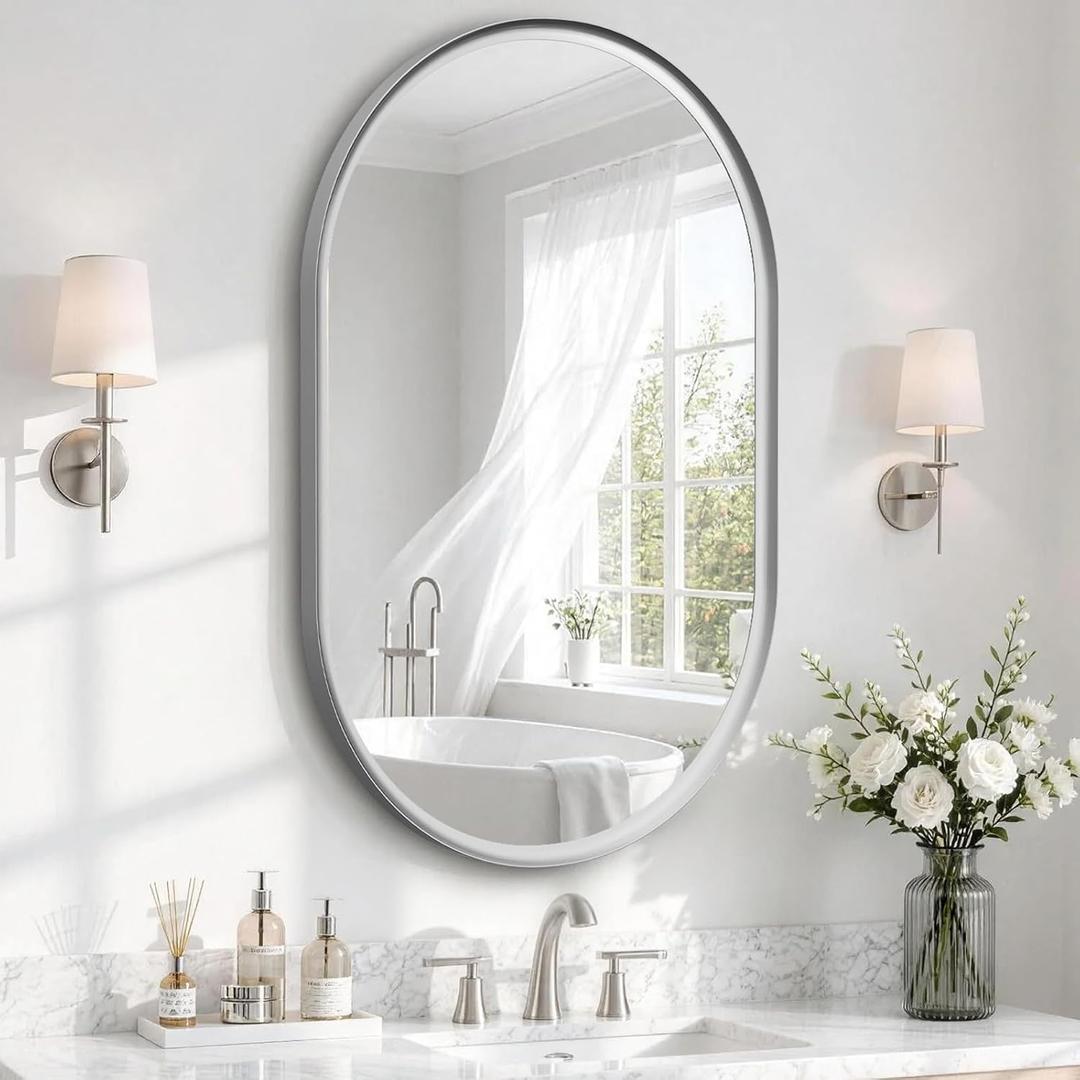 USHOWER Brushed Nickel Pill Oval Mirror for Bathroom 24x36 Inch