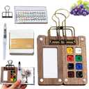 Mini Watercolor Travel Paint Set, Mini Paint Palette Travel Kit Set with Picture Book, Pocket Artist Water Color Travel Set with Colours, Binder Clips, Watercolor Pens, Wooden Paint Box for Painters Artists Students  (8 Grids)