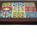 8 inches Small Wooden Wood Chowki with 9 Colorful Tiles Embedded on Bajot Square Shape Decorative Design for Pooja Items