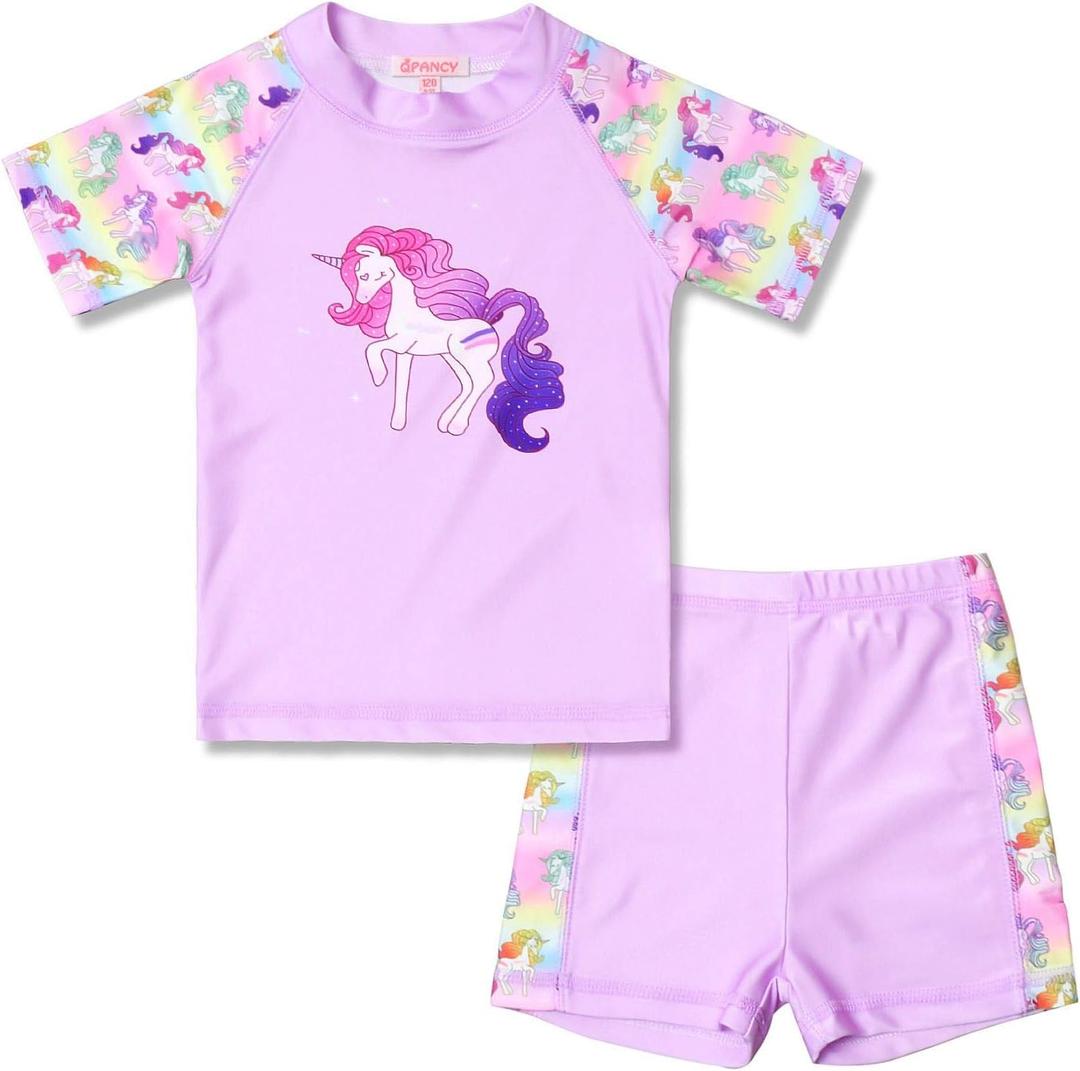 QPANCY Rash Guard for Girls Swimwear 2-Piece Mermaid Unicorn Swimsuit UPF 50+ UV 4-5T, Unicorn Purple
