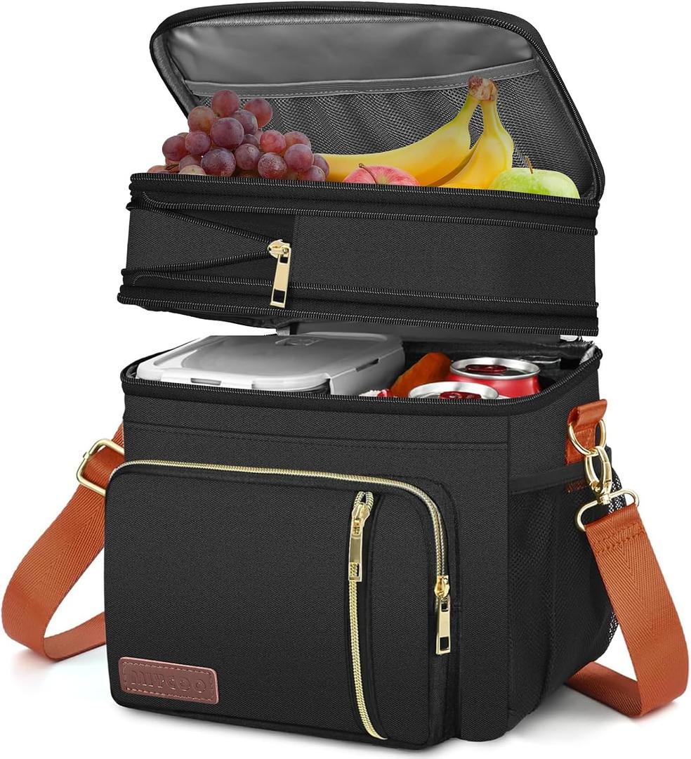 MIYCOO Lunch Bag & Lunch Box for Women Men, Double Deck Leakproof Insulated Soft Large Adult Camping Cooler bag for Work, Beach, Picnic, Travel (Black Orange, 15L)