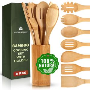 Bamboo Utensils 7 PCs with Holder  Bamboo Cooking Utensils Set + Holder for Nonstick  Wooden Spoon Sets for Cooking  Easy to Clean, Sturdy, Lightweight & Heat Resistant