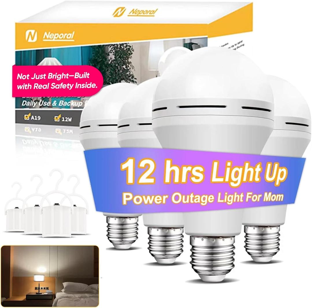 Neporal LITE Emergency Rechargeable Light Bulbs A19, Light Up to 48 hrs, Battery Operated Light Bulb, 5000K E26 LED Bulb, Emergency Lights for Home Power Failure (Daylight-4PK, 15, Watts)
