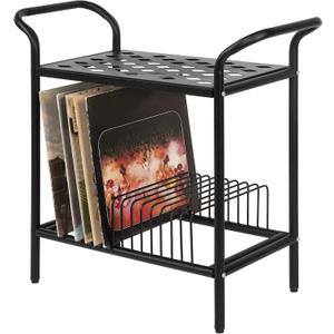 MyGift Modern Matte Black Metal Record Player Holder Stand with Vinyl Storage Organizer, Premium Quality 2 Tier Turntable Display Table Rack