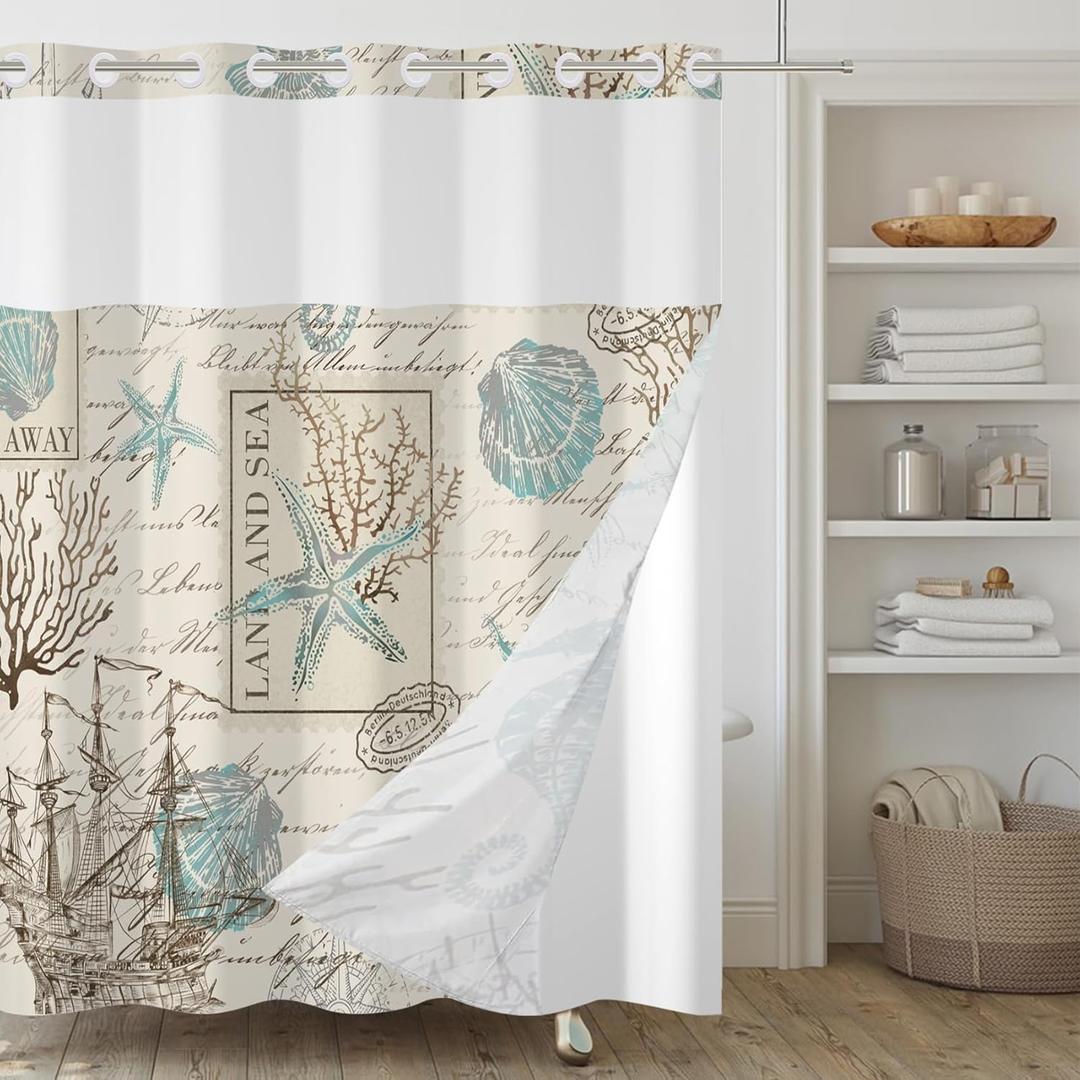 No Hook Shower Curtain,Nautical Double-Layered Shower Curtain with Snap-in Liner and Weights,Vintage Coral Ocean Sea Theme Fabric Bath Curtain with See Through Mesh, 71x74in