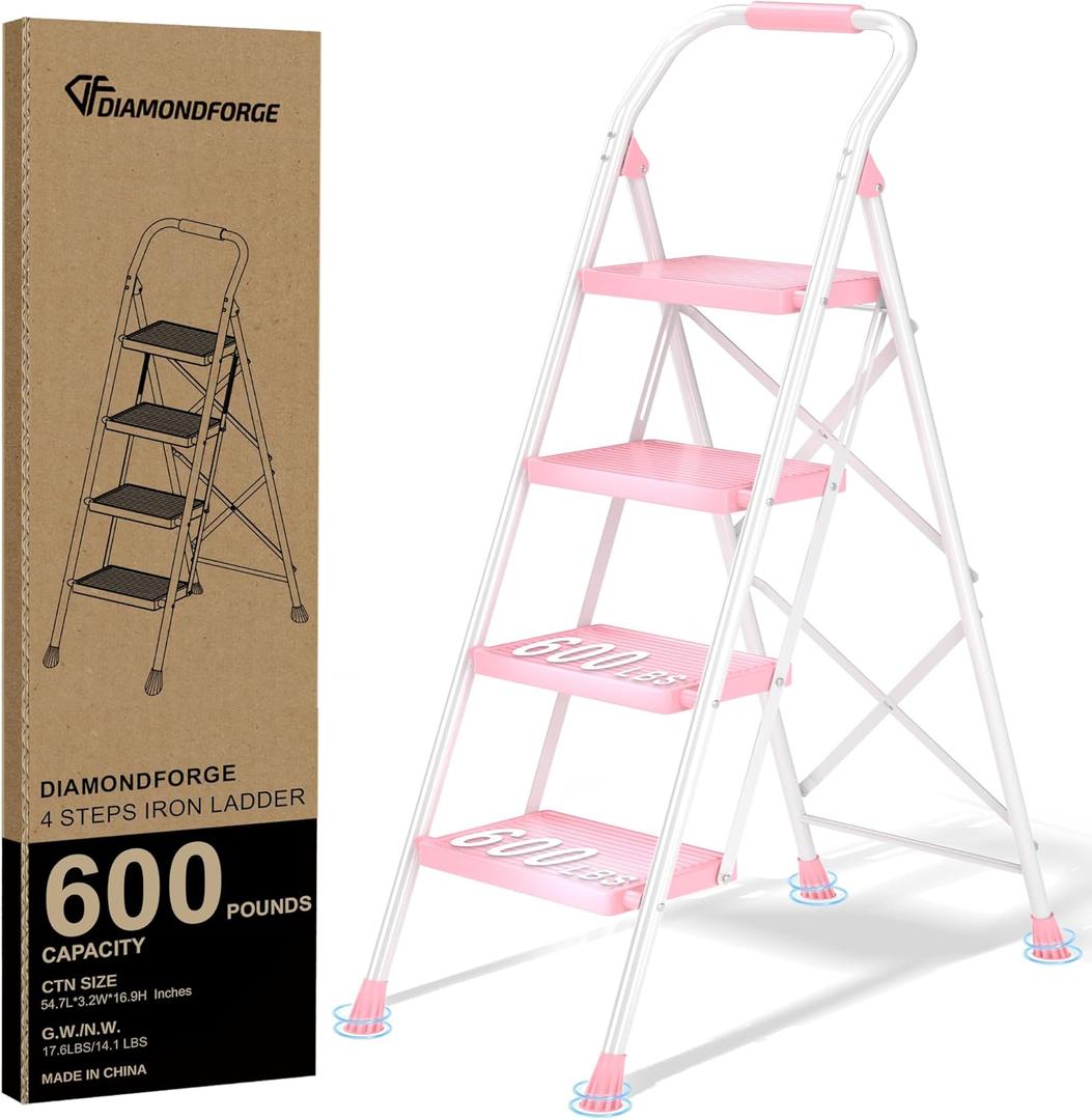 Step Ladder Foldable Folding Stool - for Home Adults Kitchen 4 Stepping Extension Tall Heavy Duty with Handrails - Closet Stepstool Stair Ladders Extendable Stepladder for Indoor House 600Lbs (White Pink)