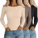 Riyiper 3 Pack Women's Long Sleeve Shirts Ribbed Cotton Boat Neck Tops Lettuce Trim Underscrub Slim Fit Casual Basic Tees(Black, Brown, Beige, Medium)
