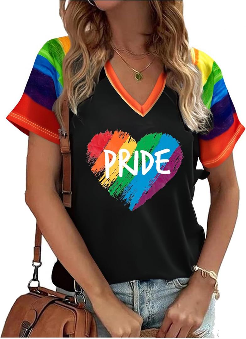 Pride Shirt Rainbow Heart Shirts: Women Lesbian Gay T Shirt Pride Ally Shirt LGBT Equality Tee LGBTQ V Neck Raglan Tops (XX-Large, Black-1)
