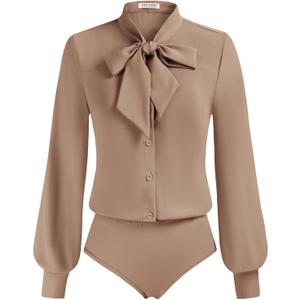 Kate Kasin Women Bow Tie Neck Office Blouse Button Down Long Sleeve Bodysuits Blouse Top (Small, Camel)