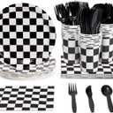 144 Piece Race Car Birthday Party Supplies, Serves 24 Guests Disposable Checkered Flag Plates, Cocktail Napkins, Cups, Cutlery, Bulk Pack Tableware for Party Decorations