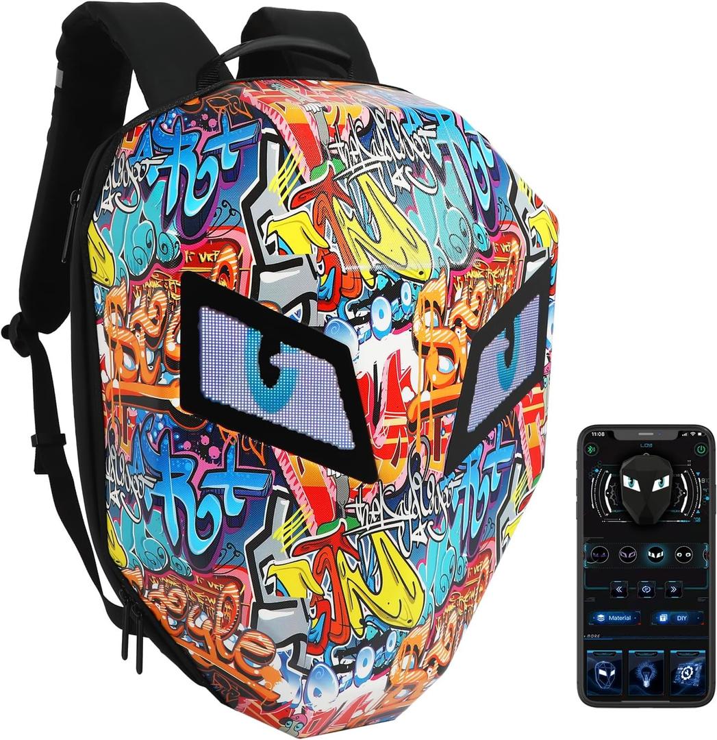 Ruconla LED Backpack Laptop Bag Motorcycle Riding bag, Hard Shell LED Motorbike Luggage Bags High-Capacity Helmet, Waterproof Backpack With Programmable Screen[Battery not included], 14.17 inches x 7.09 inches x 18.9 inches