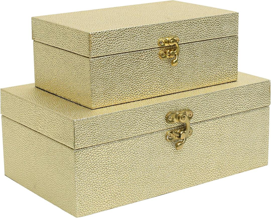 Faux Leather Decorative Storage Boxes Set of 2, Gold