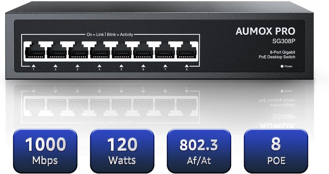 8 Port PoE Switch Gigabit 120W, Gigabit Unmanaged Ethernet Switch, Plug & Play, 802.3af/at Compliant, Metal Housing, 8-Port Network Switch for Home/Office Energy Efficient Silent Operation