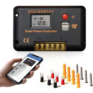 ECO-WORTHY 30A Solar Charger Controller Bluetooth,Solar Panel Battery Intelligent Regulator with Dual USB Ports Auto 12/24V PWM Negative Ground for Lithium,Lead-Acid,Gel Battery