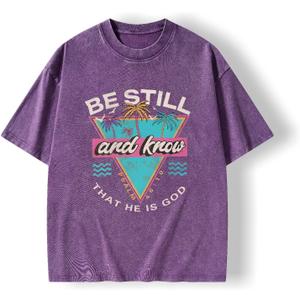 Graphic Tees Summer Women Men Cotton Novelty Oversized Crew Neck Tree Element Christian Washed T-Shirt (Purple, L)