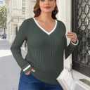 V Neck Long Sleeve Shirts for Women Fall 2025 Casual Business Ribbed Knit Sweater Cute Work Outfits (Small)